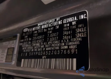 2018 Kia Sorento 3.3L Lx из США, поврежденный, VIN 5XYPGDA52JG376691